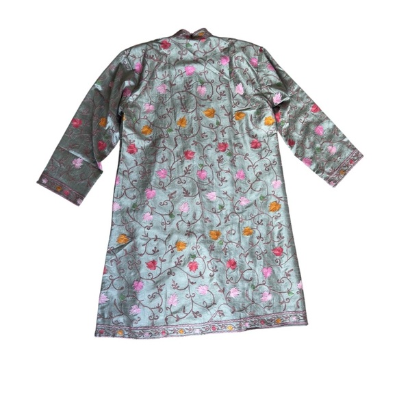 Vintage smoke-green long Kashmiri jacket embroidered size M - Picture 2 of 10